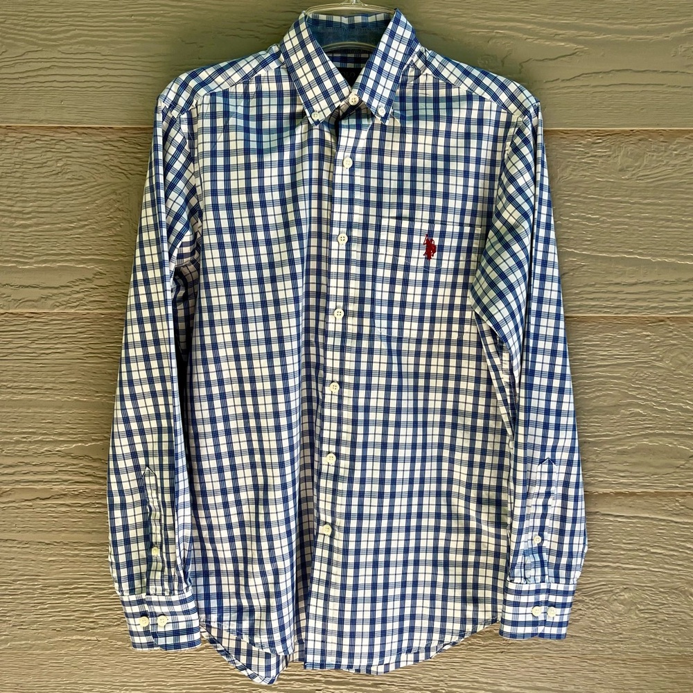 US Polo Assn. Men Large Blue Plaid Check Red Pony Button Down Shirt Cotton Blend